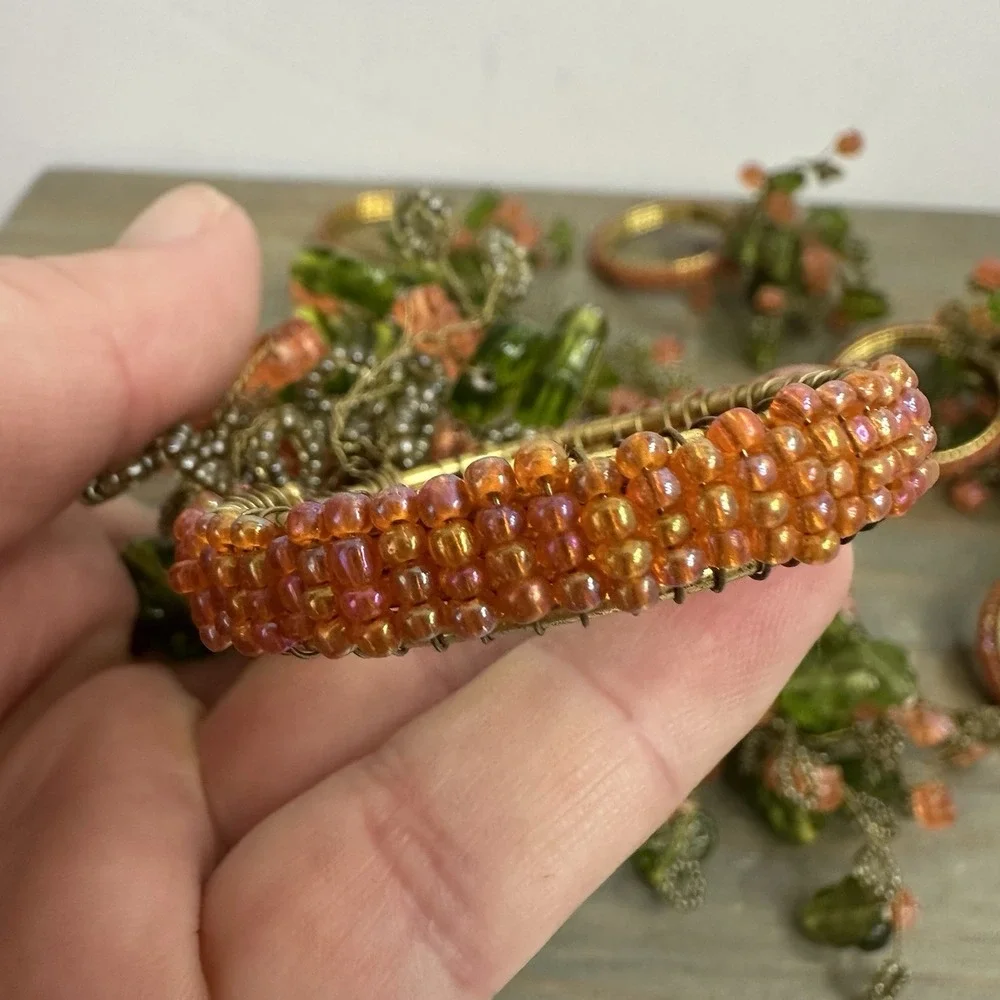 Lot of 8 Beaded Napkin Rings Peach Flowers Green Leaves Flower Spray
